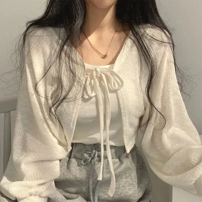 Korean Street Fashion Female - Sommer Frauen Strickjacke Weiß Dünne Sonnencreme