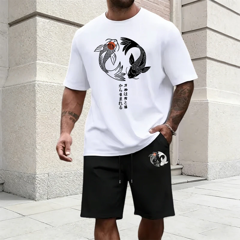 Street Fashion Japan - Japanisches Yinyang-Muster Herren-Trainingsanzug, Baumwoll-T-Shirt und Sportshorts,