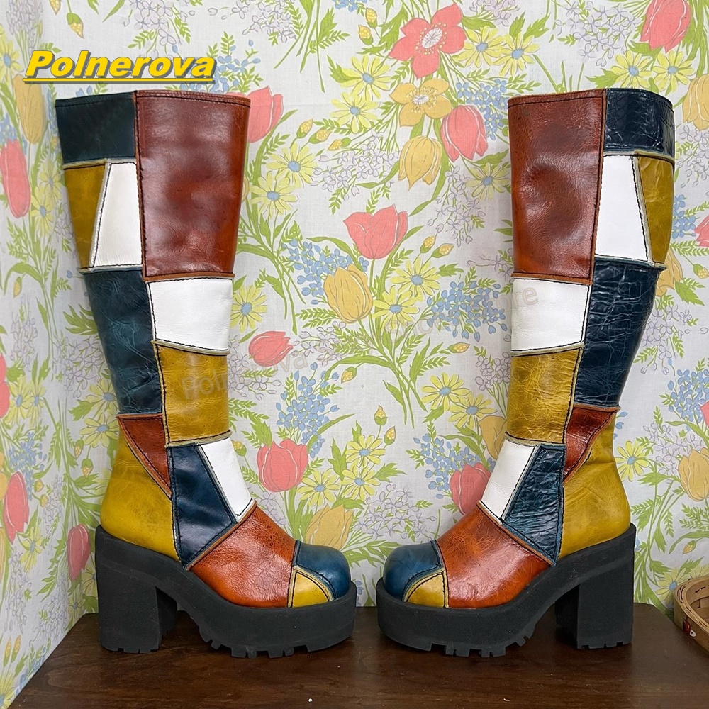 Street Fashion Vintage - Damen Retro Patchwork Leder Kniehohe Stiefel