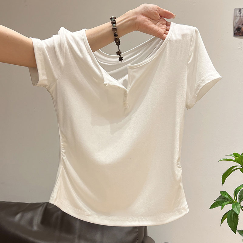 Korean Street Fashion Female - Damen T-Shirts mit halboffenem Kragen und
