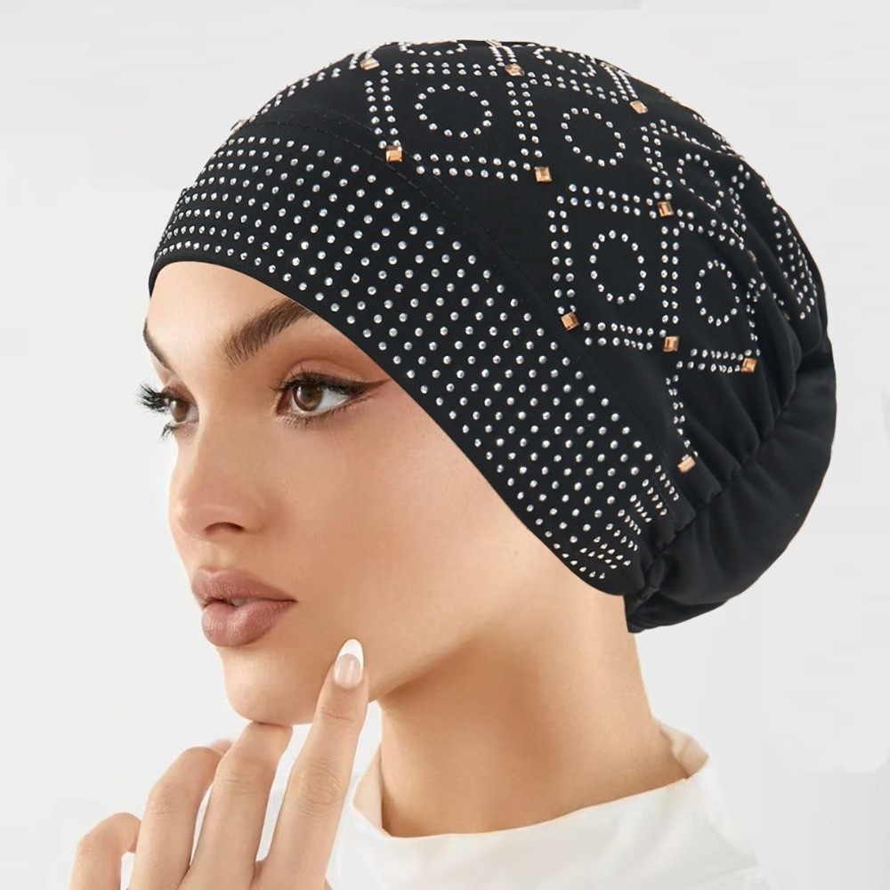 Street Fashion Hijab - Bequemer, mit Diamanten besetzter Damen-Kopftuch-Hut, atmungsaktiver,
