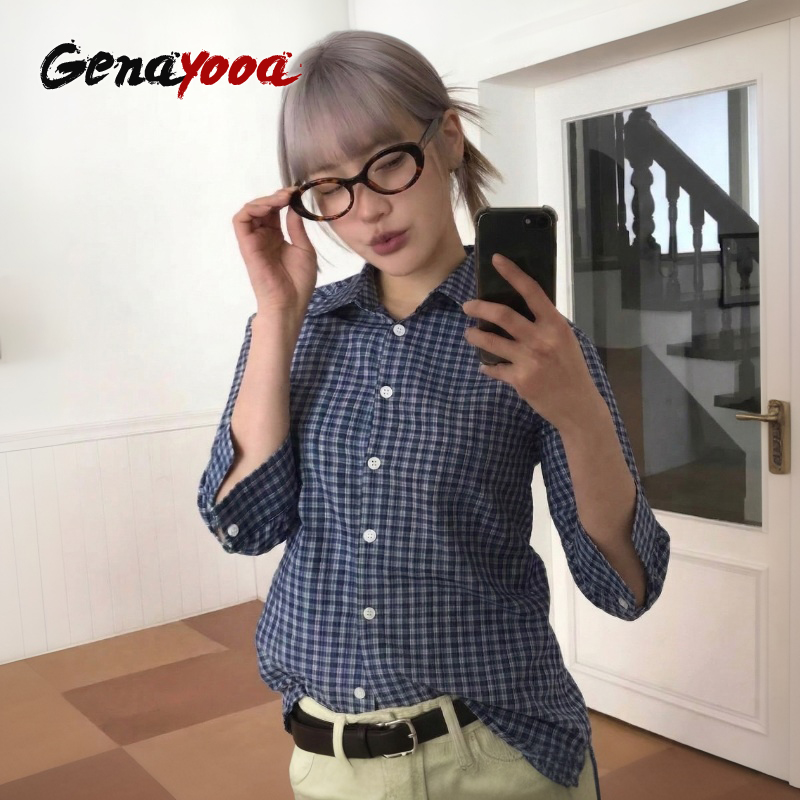 Street Fashion Japan - Genayooa Y2k Kariertes Hemd Damen Dreiviertel-Freizeithemd