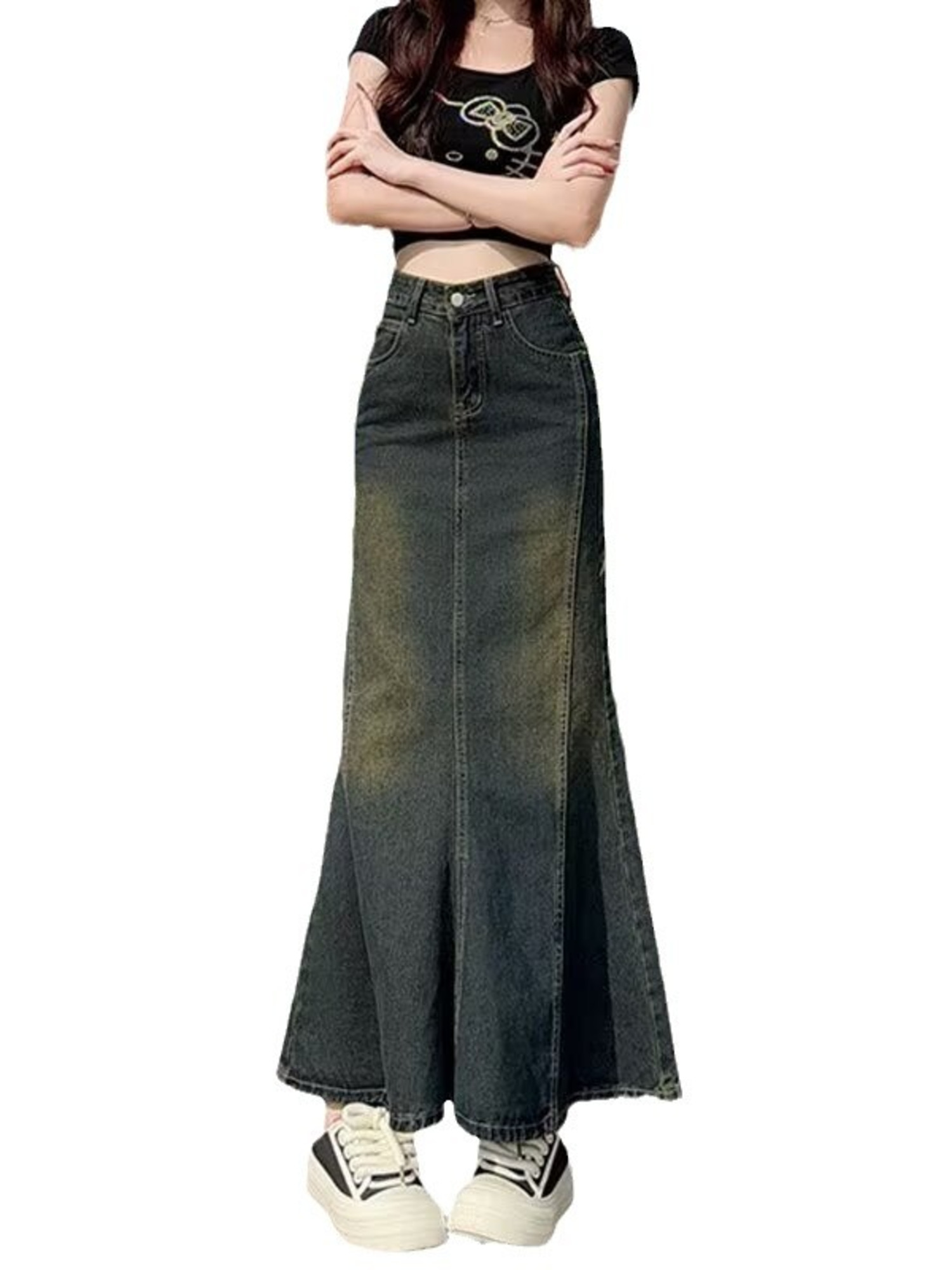 Street Fashion Vintage - Damen Vintage Gewaschener Denim Meerjungfrauen-Maxirock mit