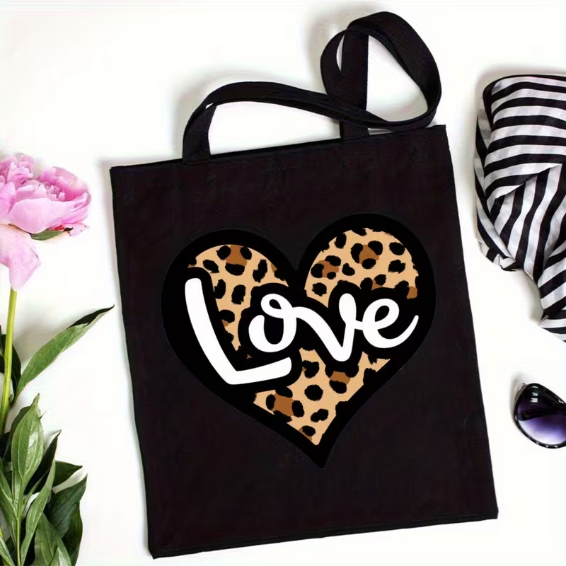 Tote Bag Canvas Print - Leopardenmuster-Herz-Liebesbrief-Leinen-Einkaufstasche, trendige, wiederverwendbare Schulterhandtasche für Teenager-Mädchen,