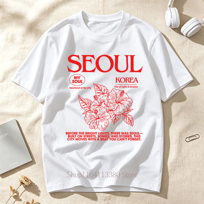 Street Fashion Seoul - T-Shirts mit Seoul-Hibiskus-Print im koreanischen Stil