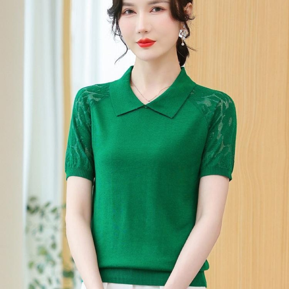 Korean Street Fashion Female - Frauen Sommer Pullover Polo Neck Spitze