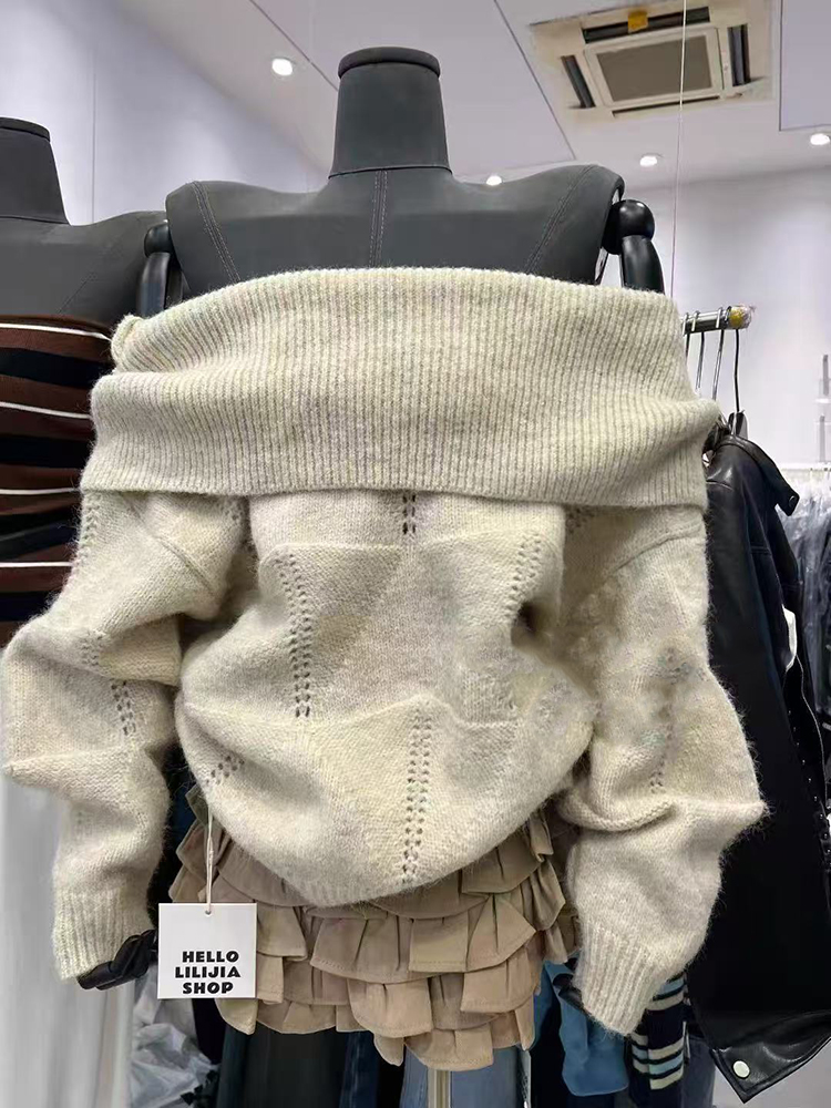 Korean Street Fashion Female - Mode Slash Neck Stricken Pullover Koreanische