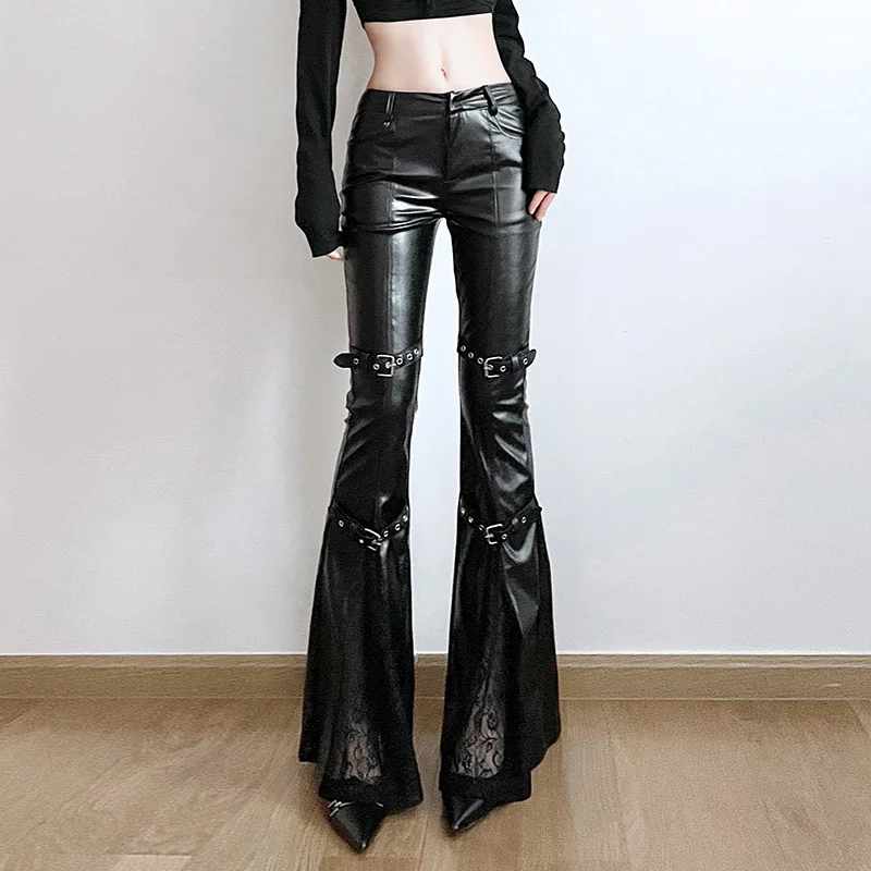 Street Fashion Vintage - Schlaghose aus PU-Leder für Damen, Gothic-Schnalle,