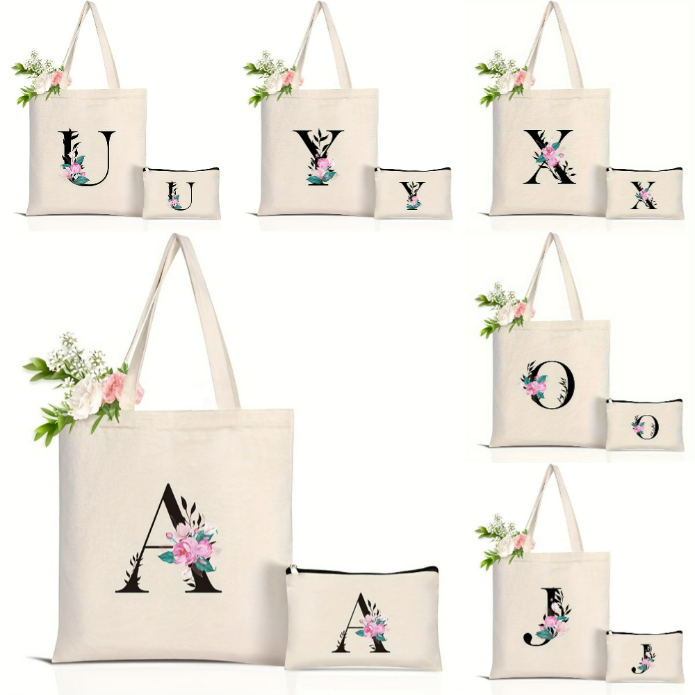 Tote Bag Canvas Print - Elegante Blumen-Alphabet-Einkaufstasche, wiederverwendbar, umweltfreundlich, Einkaufstasche für